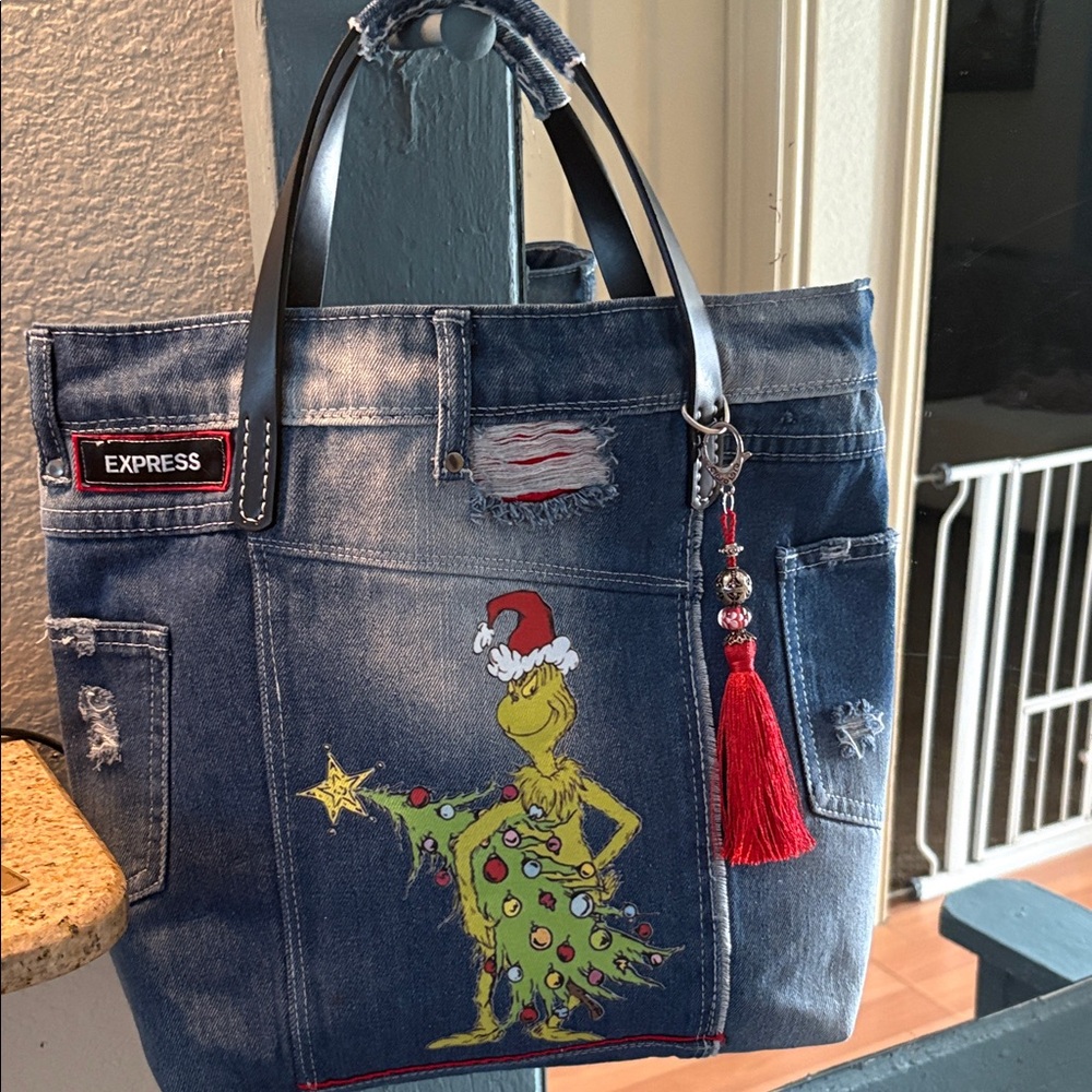 Express Blue Denim Grinch Tote with Red Tassel